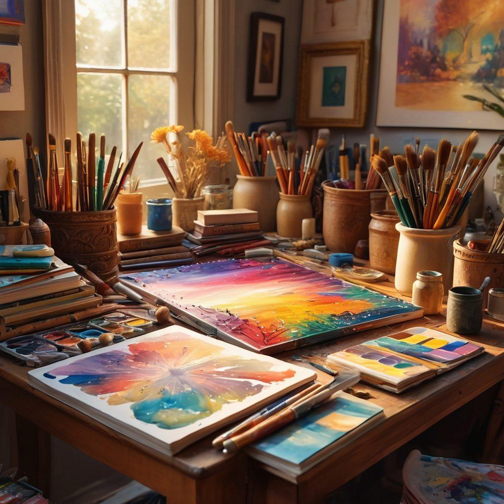 An open, ancient encyclopedia surrounded by vibrant art supplies, featuring paintbrushes, colorful palettes, and scattered art books. In the background, a diverse group of artists of different styles collaboratively creating a masterpiece. The scene is illuminated with warm, inviting light, radiating creativity and knowledge. super-realistic. vibrant colors. artistic flair.