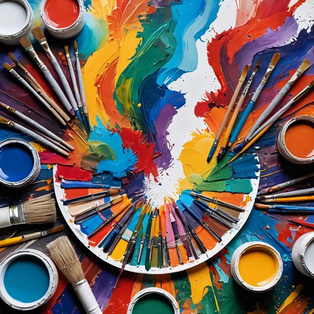 A vibrant collage of various art supplies including paintbrushes, palettes, and tubes of paint, layered over an abstract canvas swirling with colors. The background features blurred images of famous artworks and artists at work, symbolizing exploration and creativity in the art world. Elements of art knowledge such as books and art histories blend seamlessly into the design. super-realistic. vibrant colors. white background.